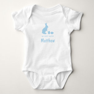 Bunny And Eggs In Blue With Name My First Easter Baby Bodysuit
