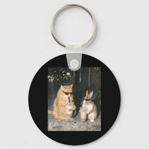 Bunny and Ginger Cat Drinking Boba Tea Funny 90s Key Ring
