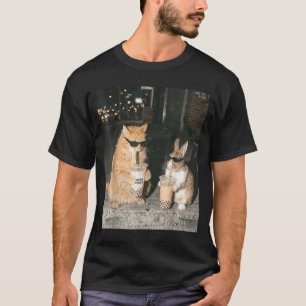 Bunny and Ginger Cat Drinking Boba Tea Funny 90s T-Shirt