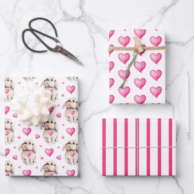 Bunny and Hearts Wrapping Paper Set of 3 (Front)