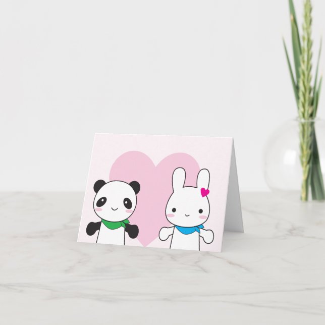 Bunny and Panda Kawaii Valentine Holiday Card (Front)