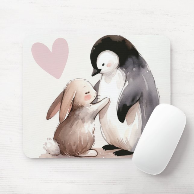 Bunny and Penguin Friendship Mouse Mat (With Mouse)