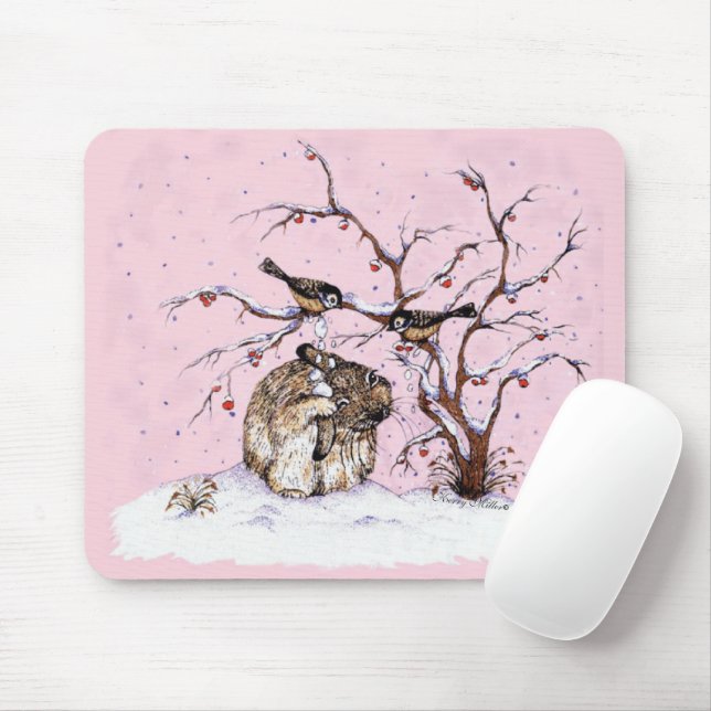 Bunny and Snow Birds Mouse Mat (With Mouse)