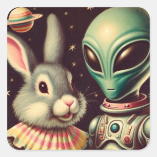 Bunny and Space Alien Retro Kitschy Sci Fi Sticker