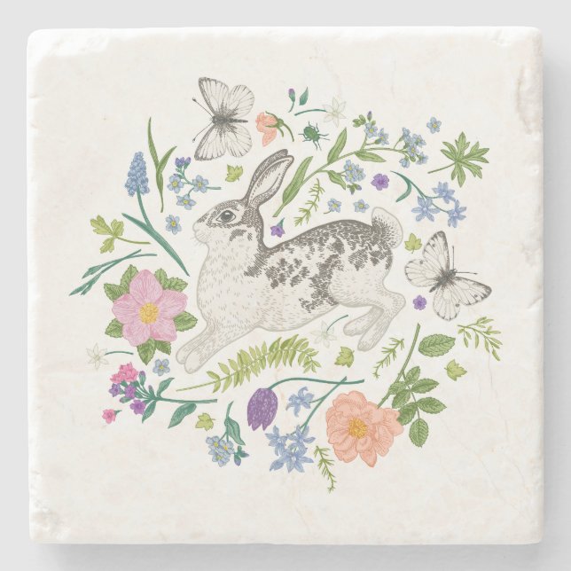 Bunny and Spring Flowers  Throw Pillow Stone Coaster (Front)