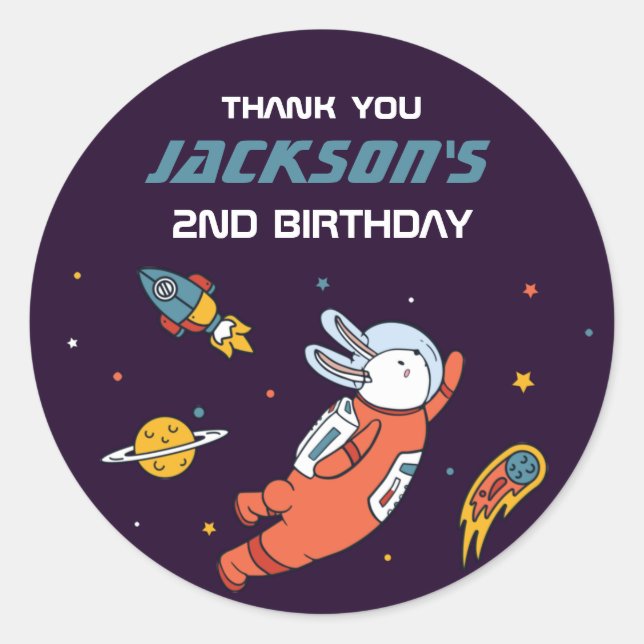 Bunny Astronaut Outer Space Kids Birthday Party Classic Round Sticker (Front)