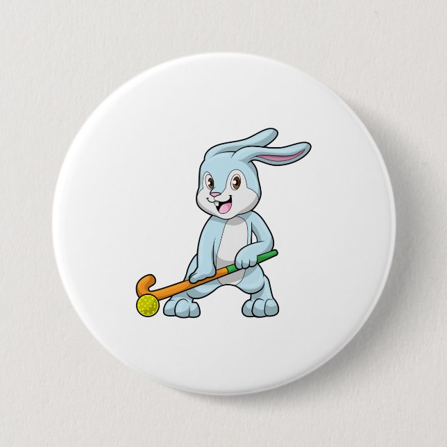 Bunny at Field hockey with Hockey stick 7.5 Cm Round Badge (Front)