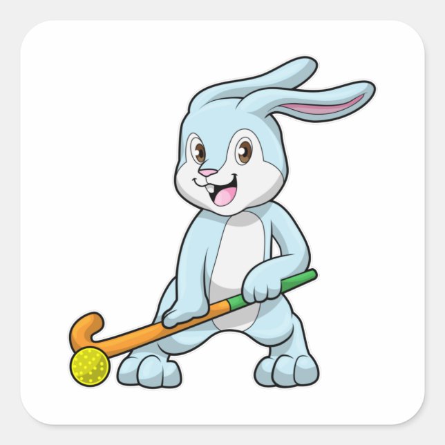 Bunny at Field hockey with Hockey stick Square Sticker (Front)