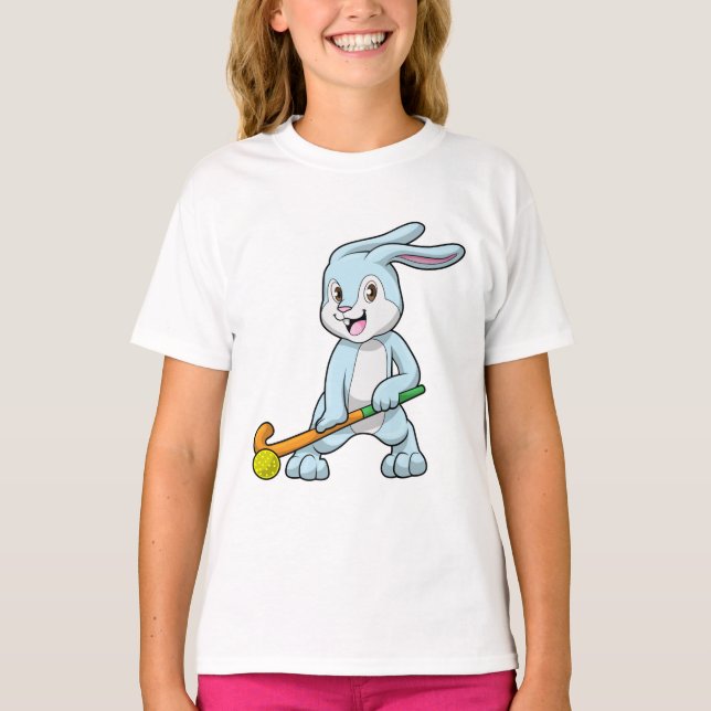 Bunny at Field hockey with Hockey stick T-Shirt (Front)