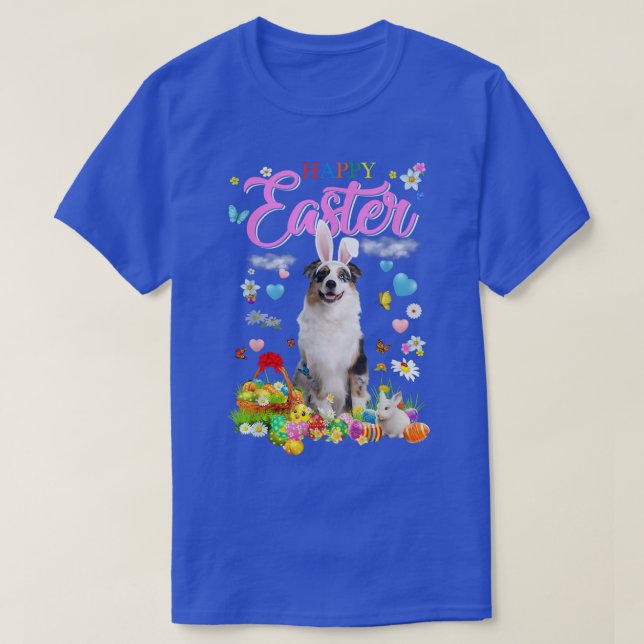 Bunny Australian Shepherd Dog Happy Easter Eggs  T-Shirt (Design Front)