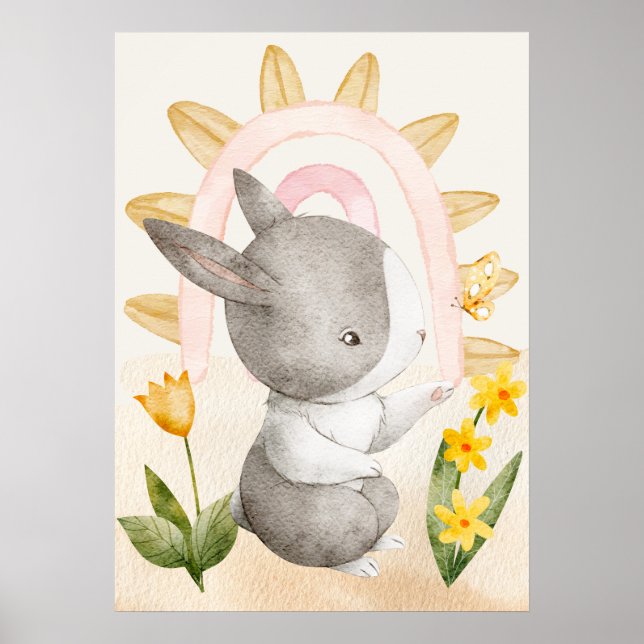 Bunny, Baby Animals, Boho, Yellow Flowers, Rainbow Poster (Front)