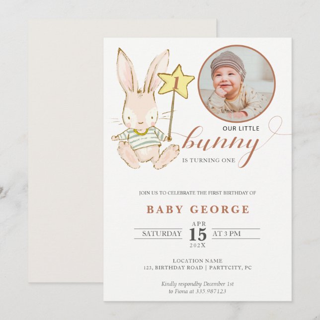 Bunny baby birthday Photo Invitation (Front/Back)