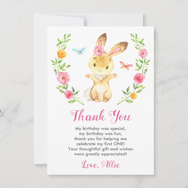 Bunny Baby Girl First Birthday Party Floral Rabbit Thank You Card (Front)