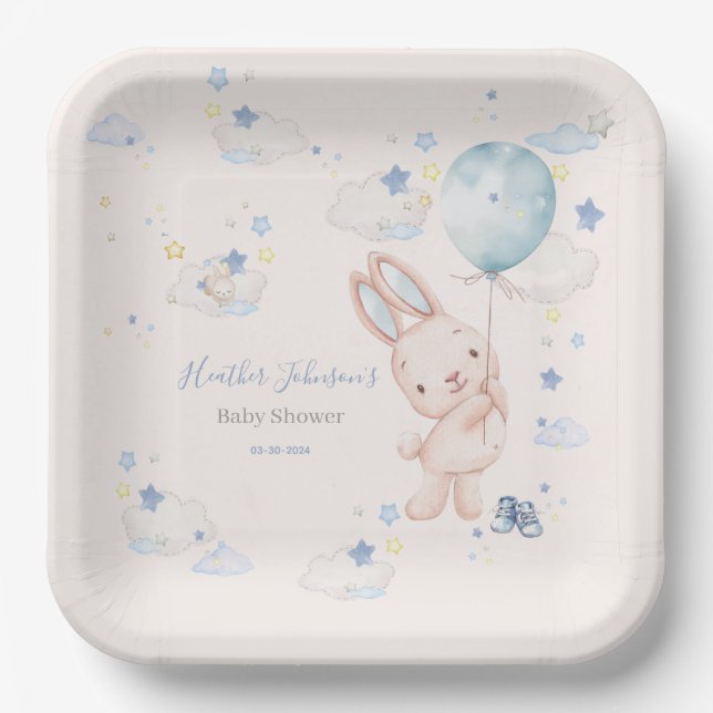 Bunny Baby Shower Boy Paper Plate (Front)