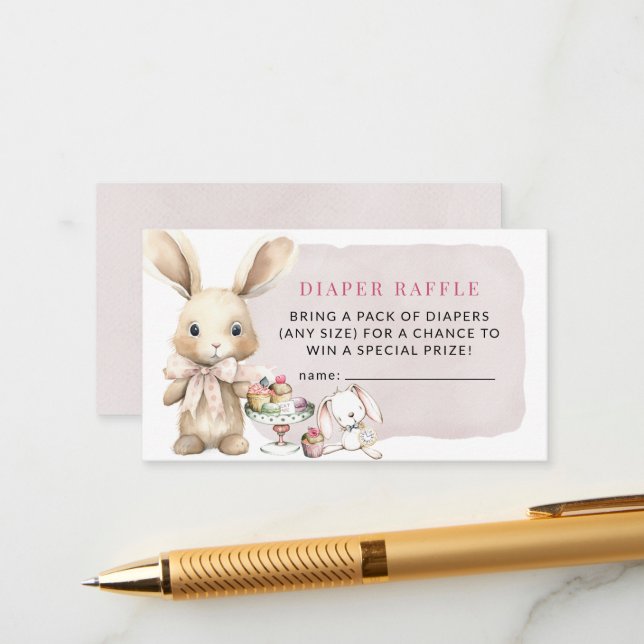 Bunny Baby Shower Girl Diaper Raffle Enclosure Card (Front/Back In Situ)