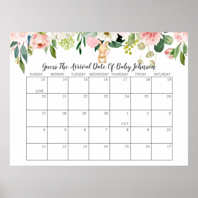 Bunny Baby Shower Guess the Delivery Date Calendar Poster (Front)