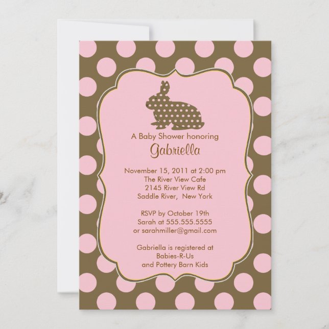 Bunny Baby Shower Invitation Baby Girl Polka Dots (Front)
