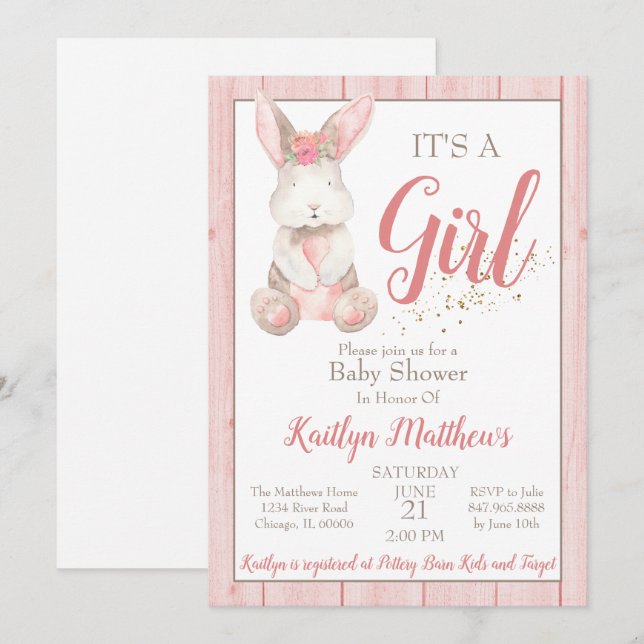 Bunny Baby Shower Invitation for Girl Baby (Front/Back)