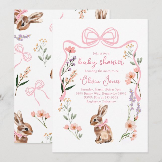 Bunny baby shower invitation pink bow girl flowers (Front/Back)