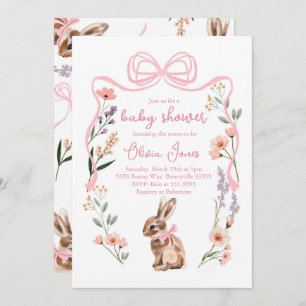 Bunny baby shower invitation pink bow girl flowers