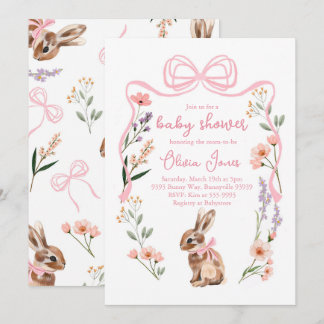 Bunny baby shower invitation pink bow girl flowers