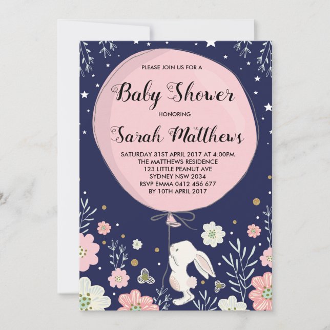Bunny Baby Shower Invitation Rabbit Navy Pink Star (Front)