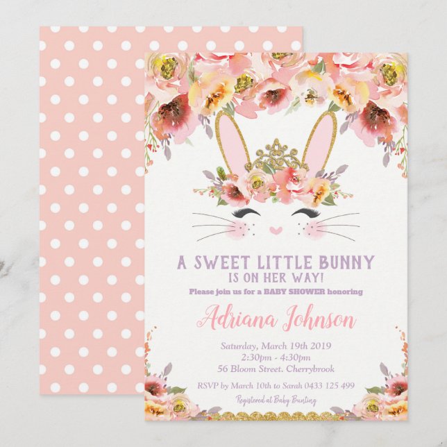 Bunny Baby Shower Invitations Girl Floral Rabbit (Front/Back)