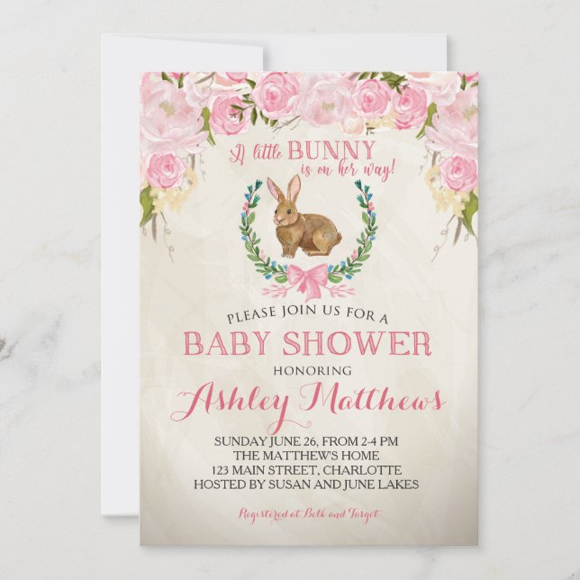 Bunny BABY SHOWER pink Beautiful Floral Invitation (Front)