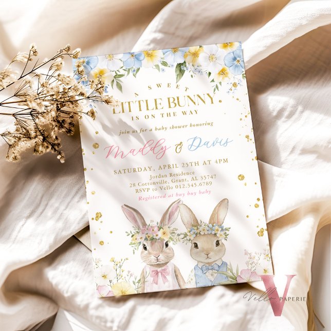 Bunny Baby Shower Pink Blue Gold Gender Reveal Invitation (Creator Uploaded)