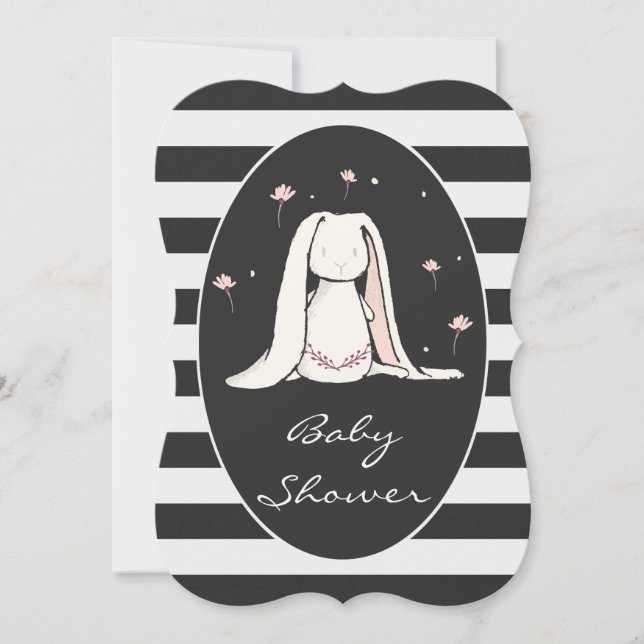 Bunny Baby Shower Pink Flowers Black White Stripes Invitation (Front)