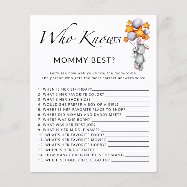 Bunny baby shower Who knows mummy best game (Front)