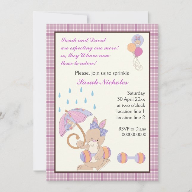 Bunny baby sprinkle purple plaid border invitation (Front)
