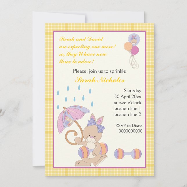 Bunny baby sprinkle yellow plaid border invitation (Front)