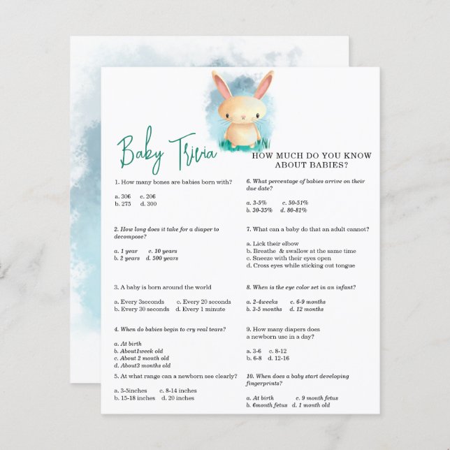 Bunny Baby Trivia | Baby Shower Game (Front/Back)