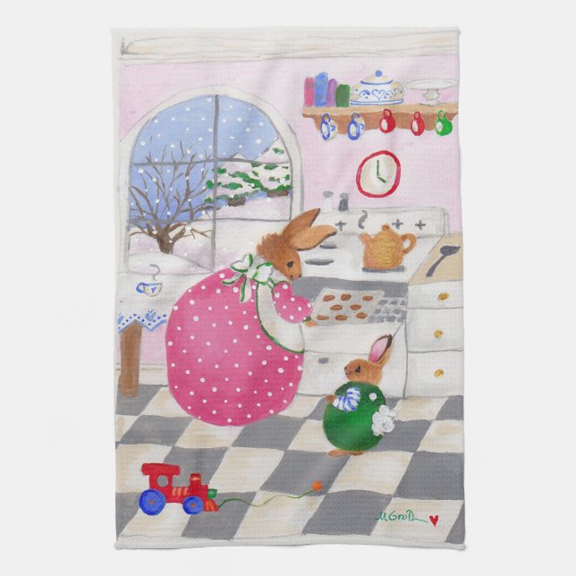 Bunny baking cookies tea towel (Vertical)