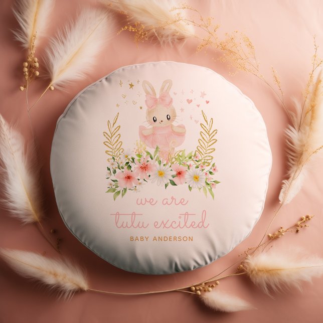Bunny Ballerina We are Tutu Excited Baby Shower Round Cushion (round throw pillow with watercolor rabbit ballerina and text "we are tutu excited" for baby shower)
