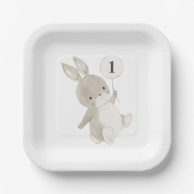 Bunny Balloon 1st Birthday Paper Plates (Front)