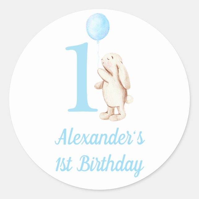 Bunny & Balloon Blue 1st Birthday Classic Round Sticker (Front)