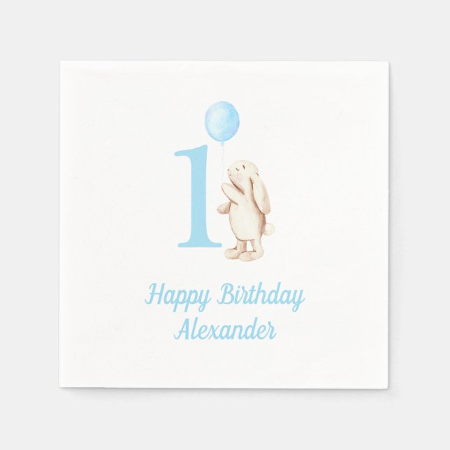 Bunny & Balloon Blue 1st Birthday Napkin (Front)