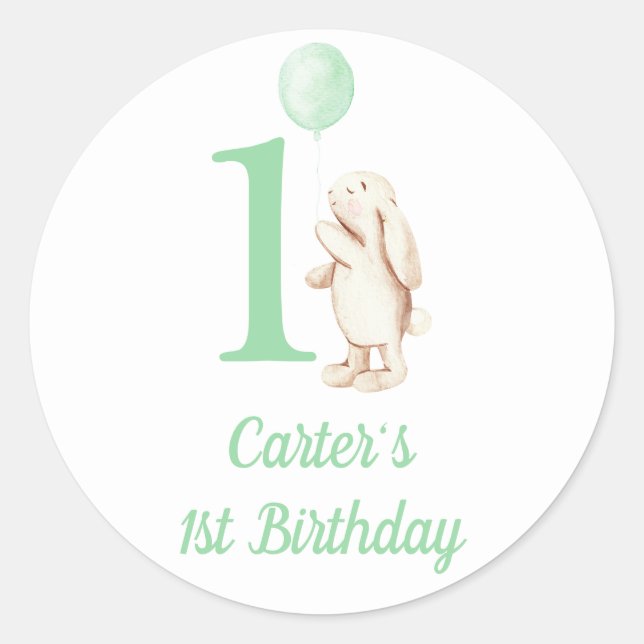 Bunny & Balloon Green 1st Birthday Classic Round Sticker (Front)