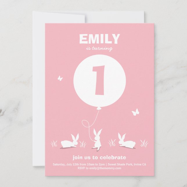 BUNNY BALLOON | Light Pink Kids Birthday Invite (Front)