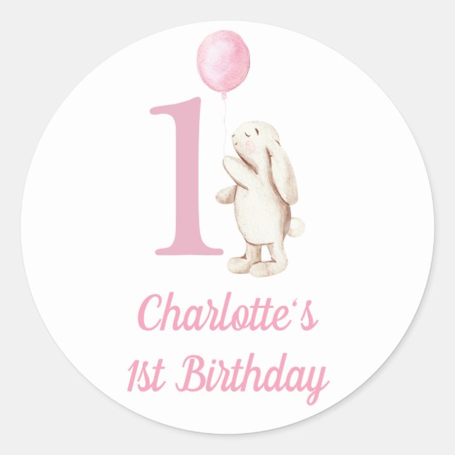 Bunny & Balloon Pink 1st Birthday Classic Round Sticker (Front)