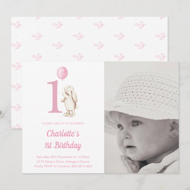 Bunny & Balloon Pink 1st Birthday Photo Invitation (Front/Back)