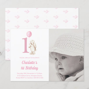 Bunny & Balloon Pink 1st Birthday Photo Invitation