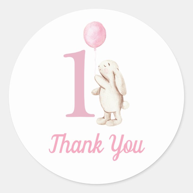 Bunny & Balloon Pink 1st Birthday Thank You Classic Round Sticker (Front)
