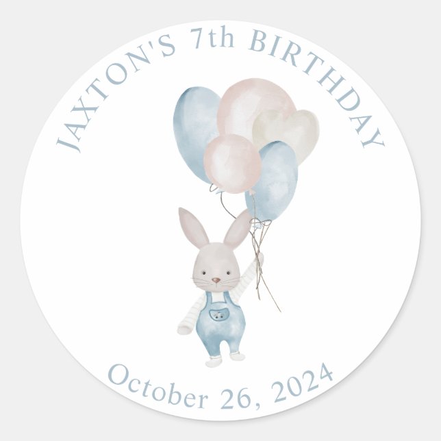 Bunny Balloons Birthday Classic Round Sticker (Front)