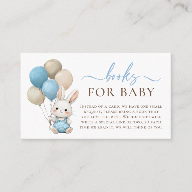 Bunny Balloons Blue Baby Boy Shower Books For Baby Enclosure Card (Front)