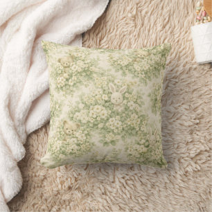 Bunny Bear Floral Garden Neutral Green Pattern Cushion