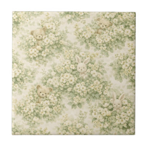 Bunny Bear Floral Garden Neutral Green Pattern Tile