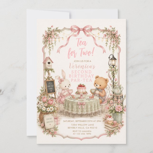 Bunny Bear Tea for Two Second Birthday Invitation (Front)
